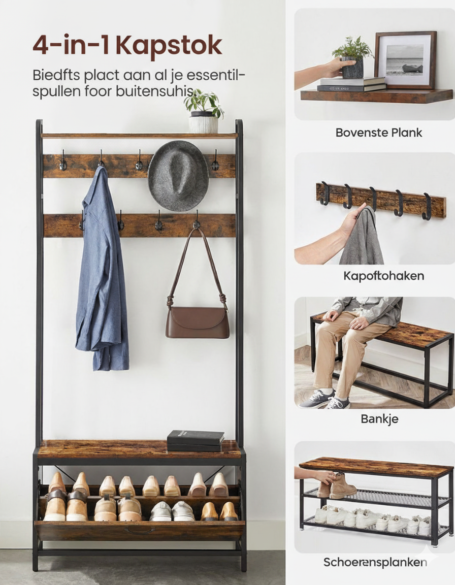 Kapstok met schoenenkast - kapstok met bank - kledingrek - schoenenrek - 9 haken - bovenste plank