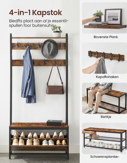 Kapstok met schoenenkast - kapstok met bank - kledingrek - schoenenrek - 9 haken - bovenste plank
