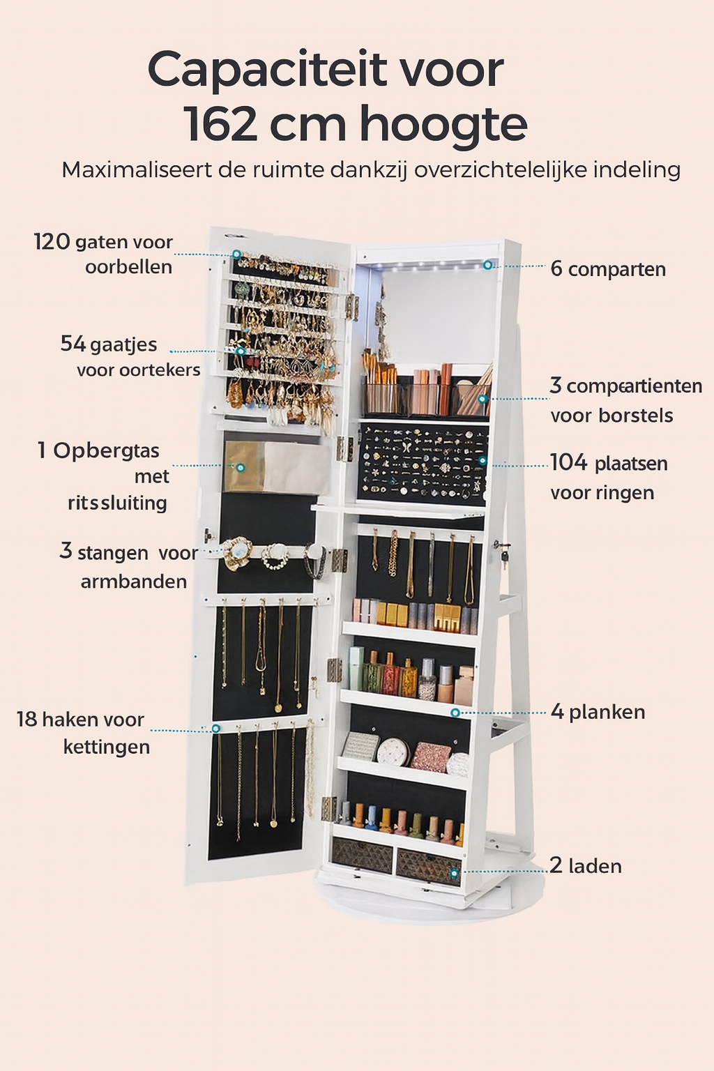 Harrow Staande Sieradenkast met Spiegel – Luxe Organizer voor Sieraden