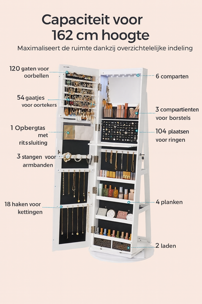 Harrow Staande Sieradenkast met Spiegel – Luxe Organizer voor Sieraden