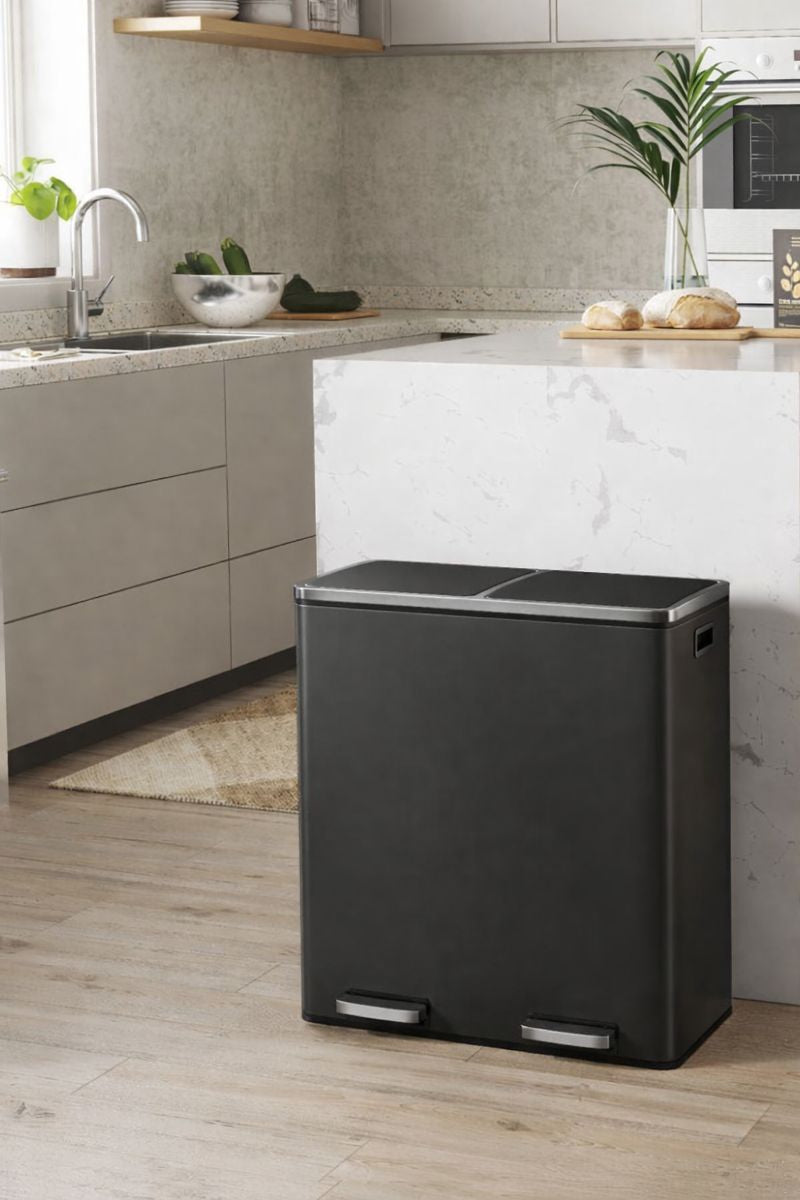 Signature Home Afvalscheidingsbak 60 liter (2 x 30 L) – Zwart, Dubbel Compartiment-Prullenbak