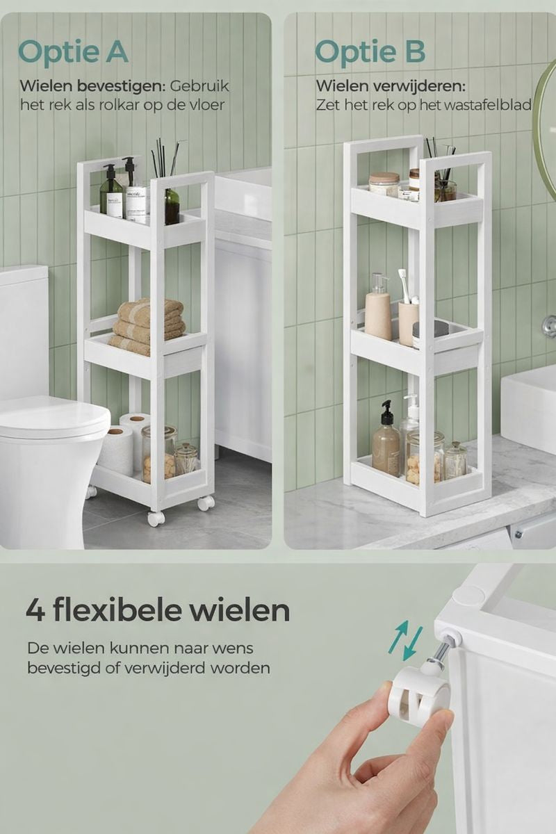 3-Niveaus Badkamerrek Wit – Smal en Ruimtebesparend Opbergsysteem|Smal Opbergrek voor Kleine Badkamers