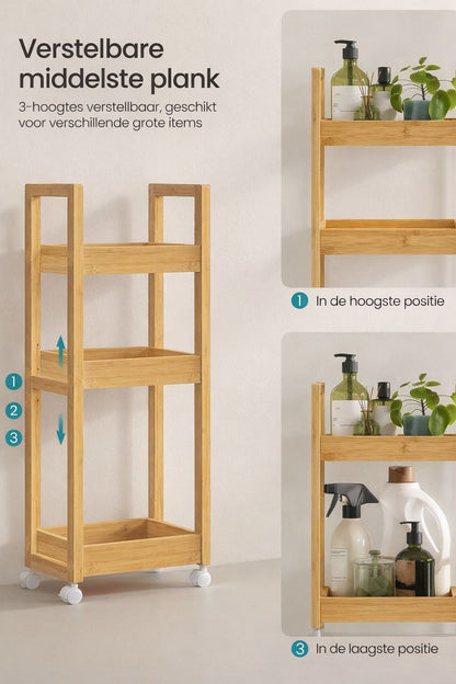 3-Laags Badkamerrek – Smal Ruimtebesparend Opbergrek in Naturel Beige voor Kleine Badkamers