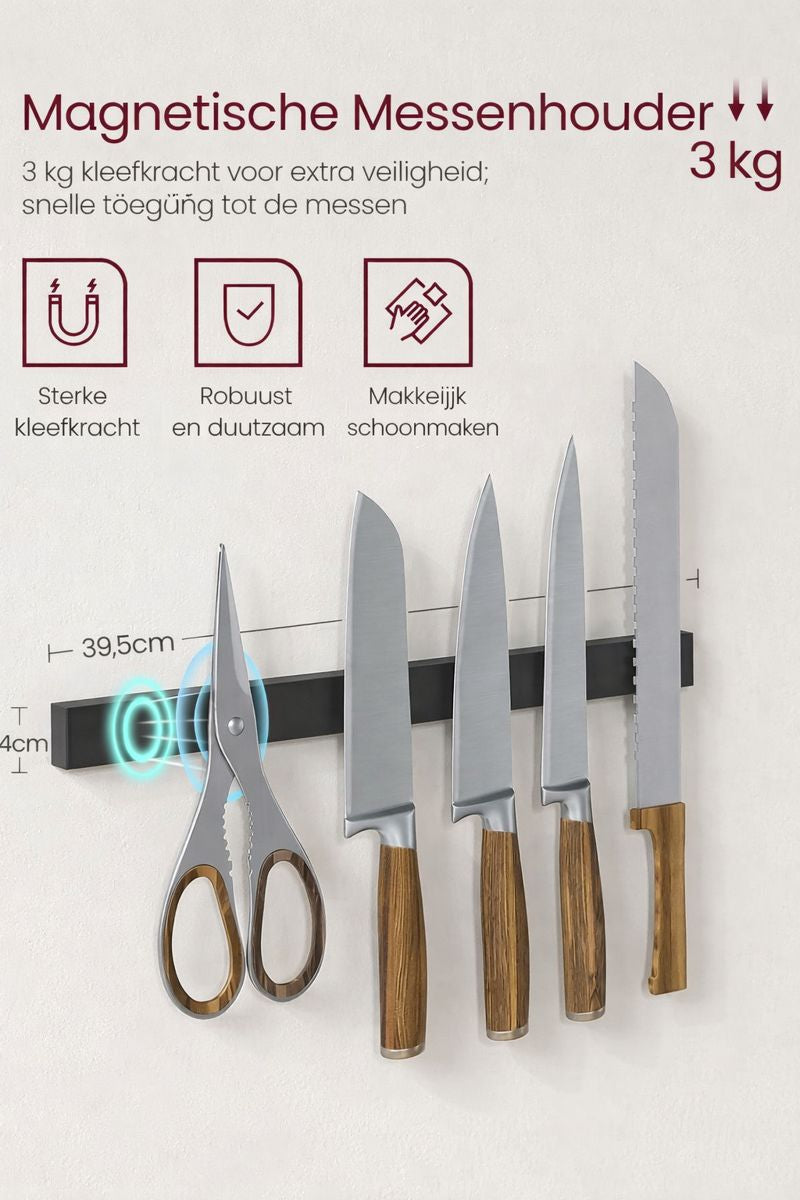 Keuken Wandplank met Magnetische Messenstrip & 12 Haken – Ebbenhout-Zwart Industrieel|Multifunctionele Keukenplank