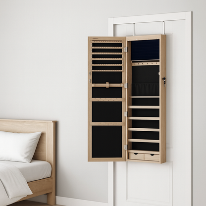 Lecce Stijlvolle Hangende Sieradenkast met Spiegeldeur-Multifunctionele Hangende-Sieradenkast voor aan de Wand of Deur