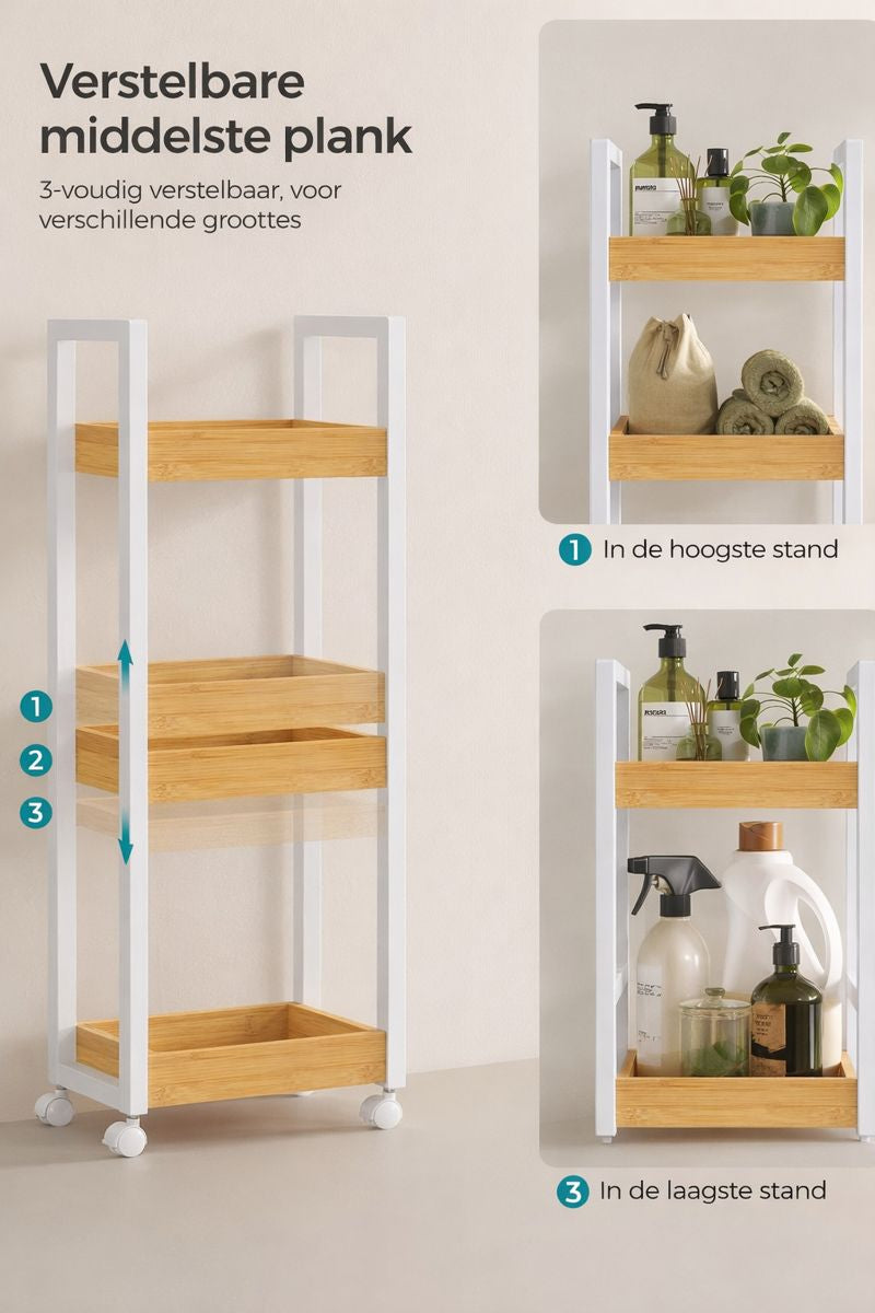 3-Laags Badkamerrek – Smal Ruimtebesparend Opbergrek in Wit/Natuurlijk voor Kleine Badkamers