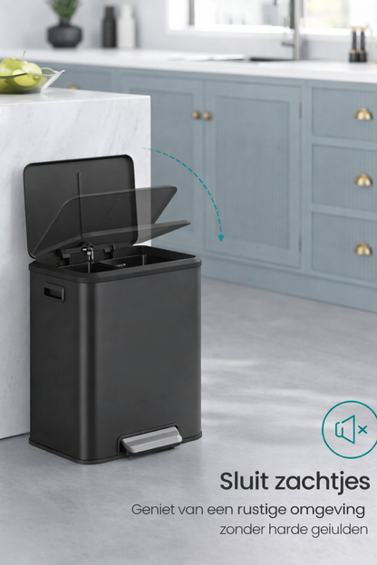 Signature Home Afvalscheidingssysteem 2 x 15L – Dubbele Prullenbak met Deksel en Pedaal, Inktzwart, Voor Recycling & Restafval