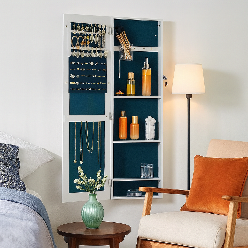 Lecce Spiegelende Sieradenkast met LED-verlichting – Hangend Wandontwerp-Ruimtebesparende Wand-Sieradenkast met Spiegel