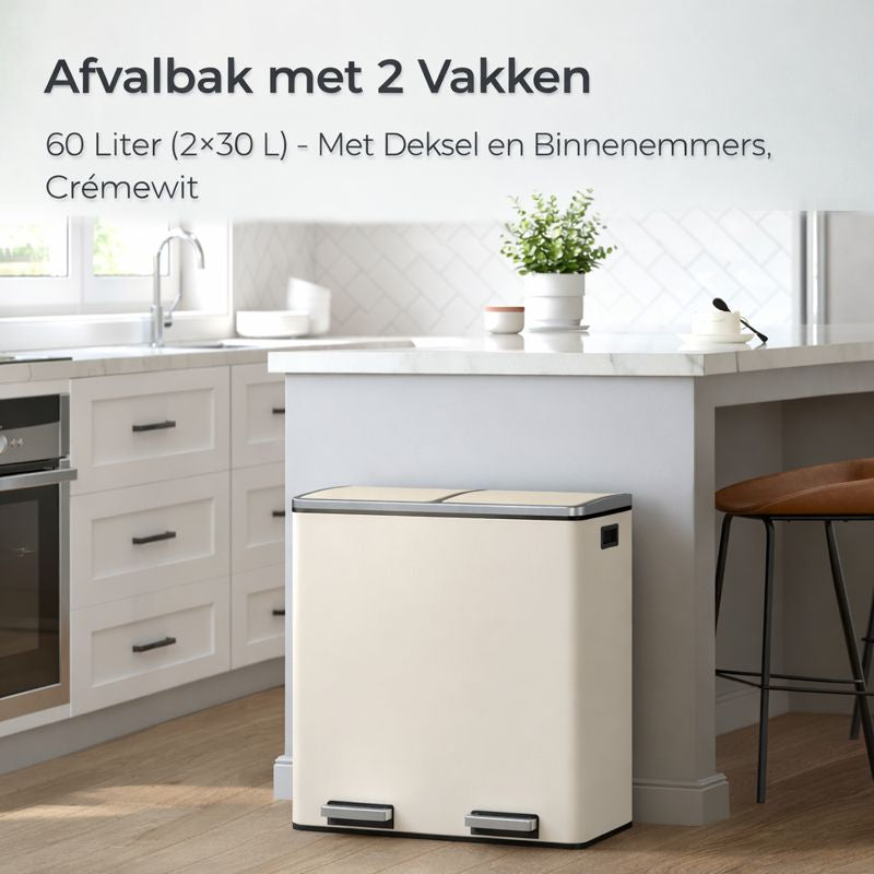 Signature Home Dubbele Afvalbak 60 Liter (2×30 L) met Deksel en Uitneembare Binnenemmers – Crèmewit
