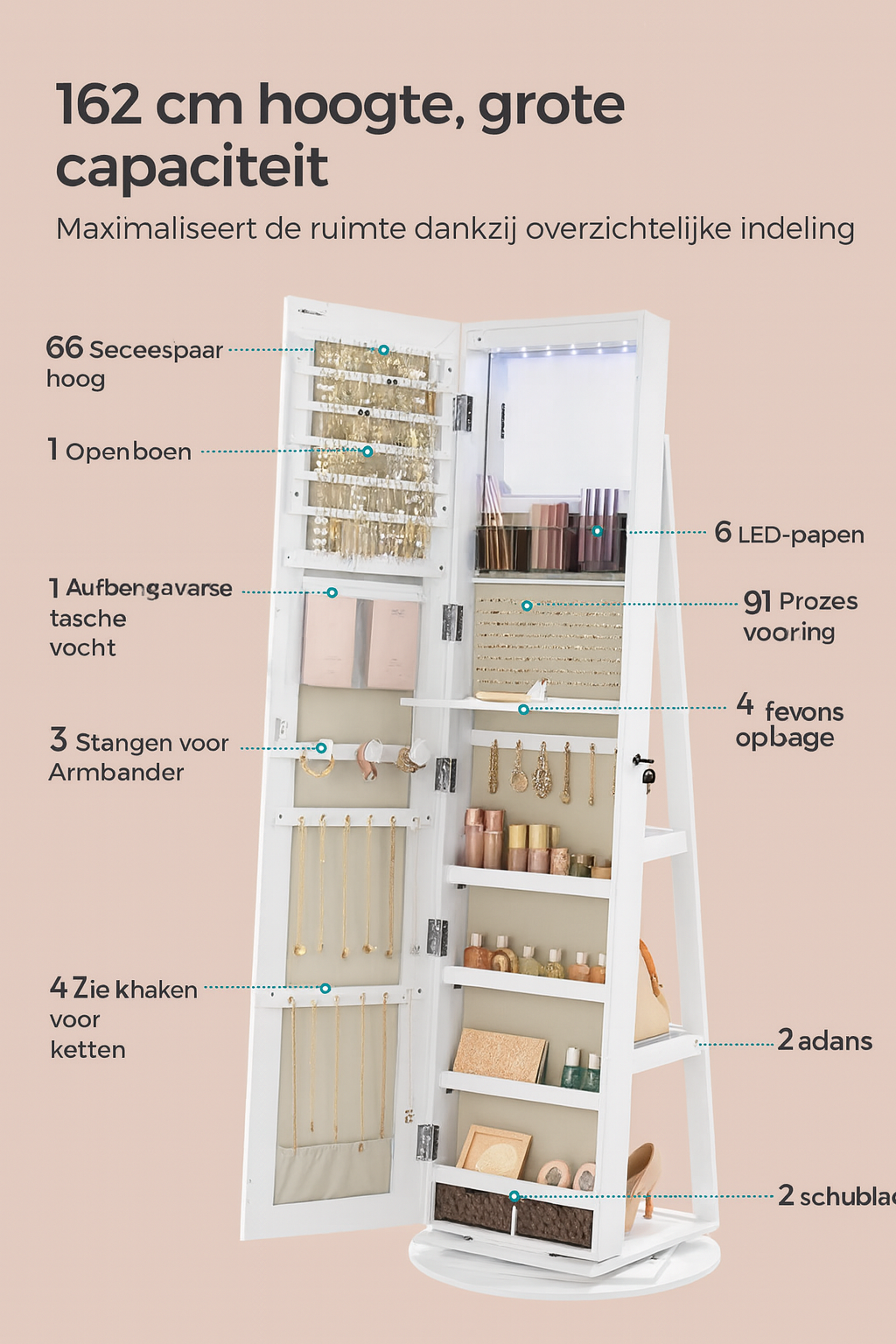 Barnet Moderne Sieradenkast met Volledige Frameloze Spiegel – Ruimtebesparende Organizer