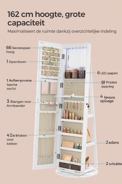 Barnet Moderne Sieradenkast met Volledige Frameloze Spiegel – Ruimtebesparende Organizer