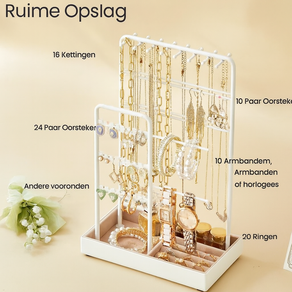Verona Luxe Velvet Sieradenhouder – Stabiele Jewelry Stand met Fluwelen Opbergtray voor Ringen, Armbanden en Kettingen