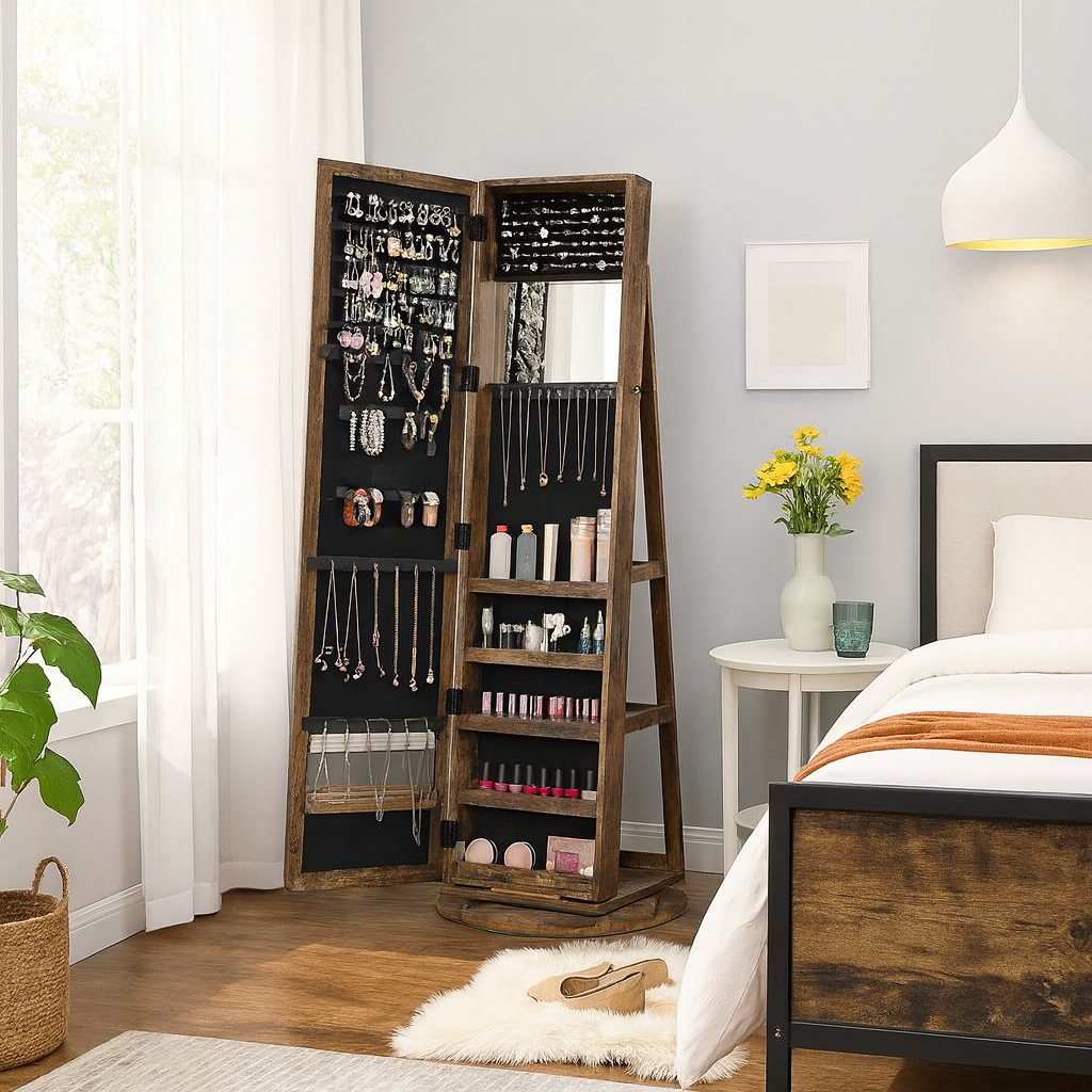 Fowey Sieradenkast 360° Draaibaar – Vintage Brown Juwelenkast met Grote Opbergruimte en Spiegel