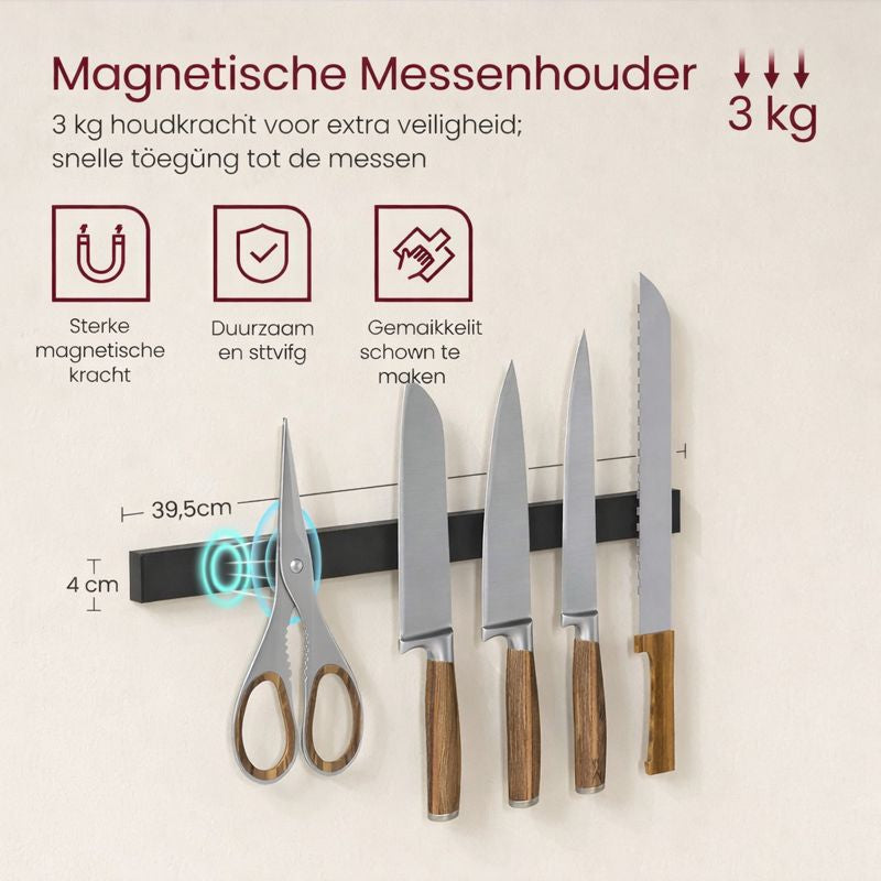 Industrieel Keuken Wandrek met Magnetische Messenhouder en 12 Haken – Vintage Bruin-Zwart