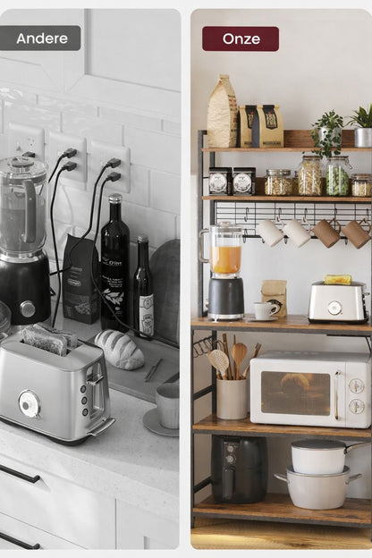 Vintage Keuken Wandplank met Stopcontacten & Rasterpaneel – Bruin-Zwart Industrieel Design|Multifunctionele Keukenplank met Stopcontacten & Metalen Grid