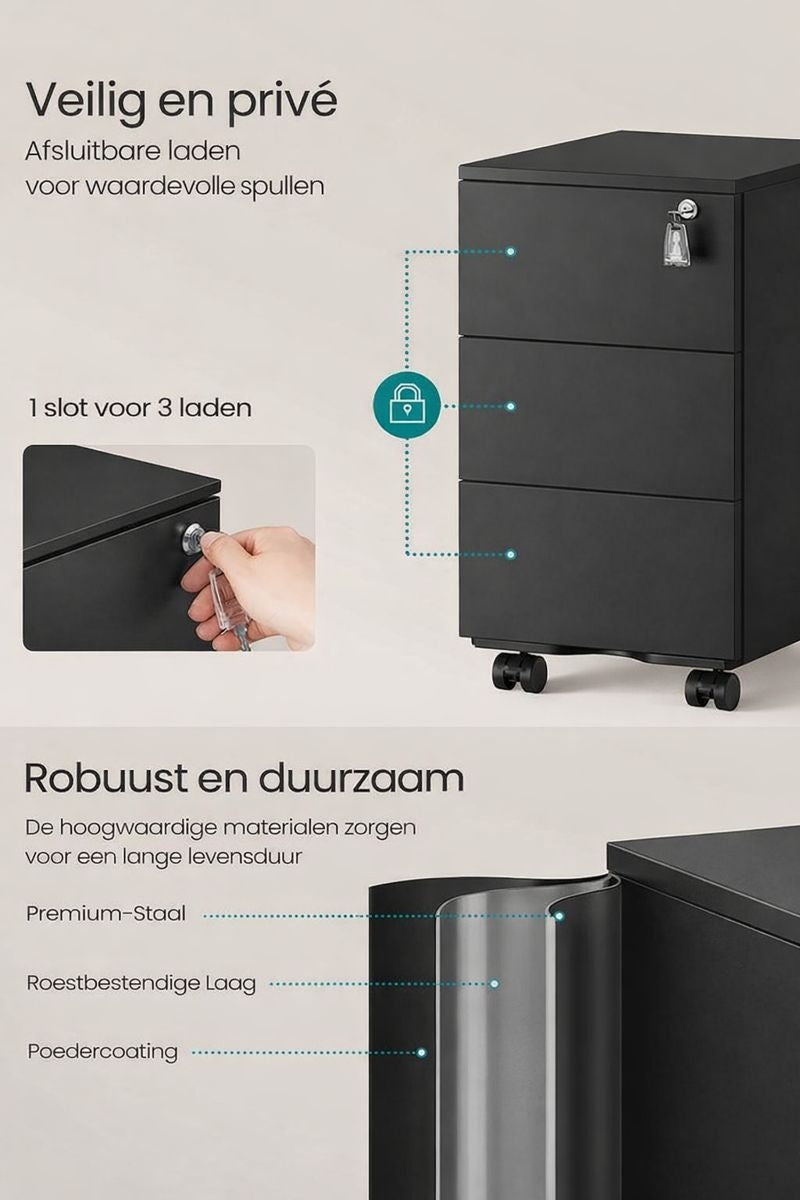 Ladekast met 3 Lades Mat Zwart – Moderne Opbergkast / Commode – 40 x 30 x 54 cm – Compacte Kast voor Slaapkamer, Woonkamer of Kantoor