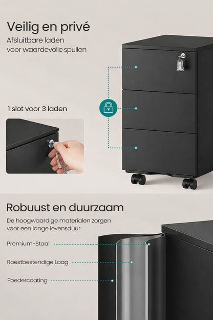 Ladekast met 3 Lades Mat Zwart – Moderne Opbergkast / Commode – 40 x 30 x 54 cm – Compacte Kast voor Slaapkamer, Woonkamer of Kantoor