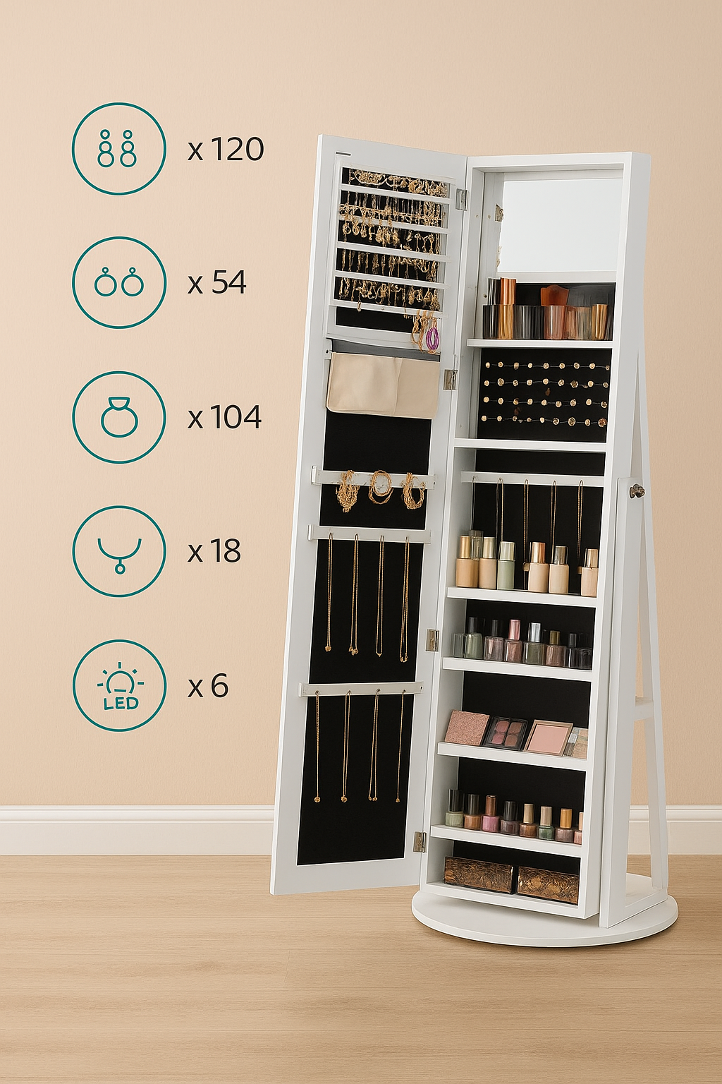 Harrow Staande Sieradenkast met Spiegel – Luxe Organizer voor Sieraden