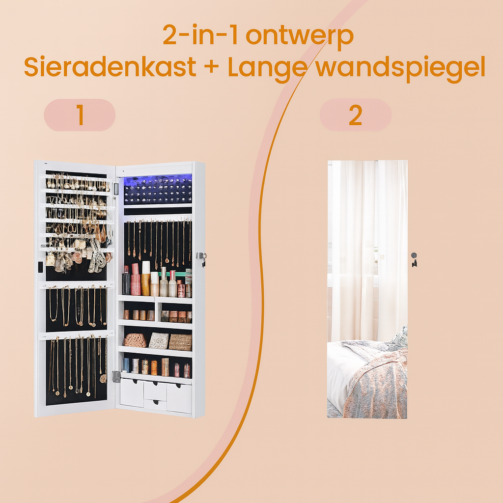 Lecce Spiegelende Sieradenkast met LED-verlichting – Hangend Wandontwerp-Ruimtebesparende Wand-Sieradenkast met Spiegel
