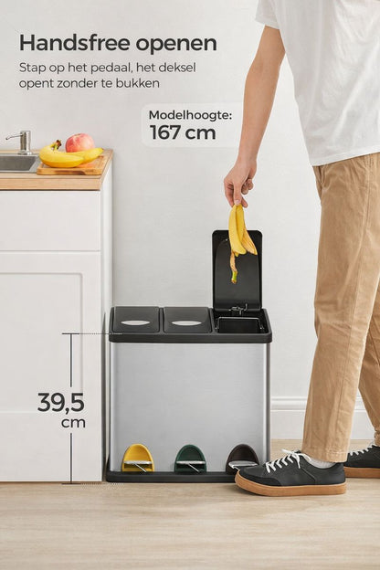 Signature Home Prullenbak Keuken 24L (3×8L) – Afvalscheidingsbak met 3 Vakken, Pedaalemmer met Deksel