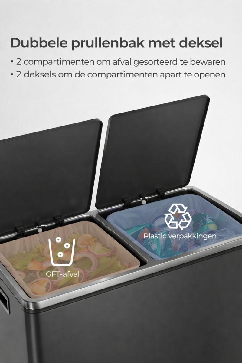 Signature Home Afvalscheidingsbak 60 liter (2 x 30 L) – Zwart, Dubbel Compartiment-Prullenbak