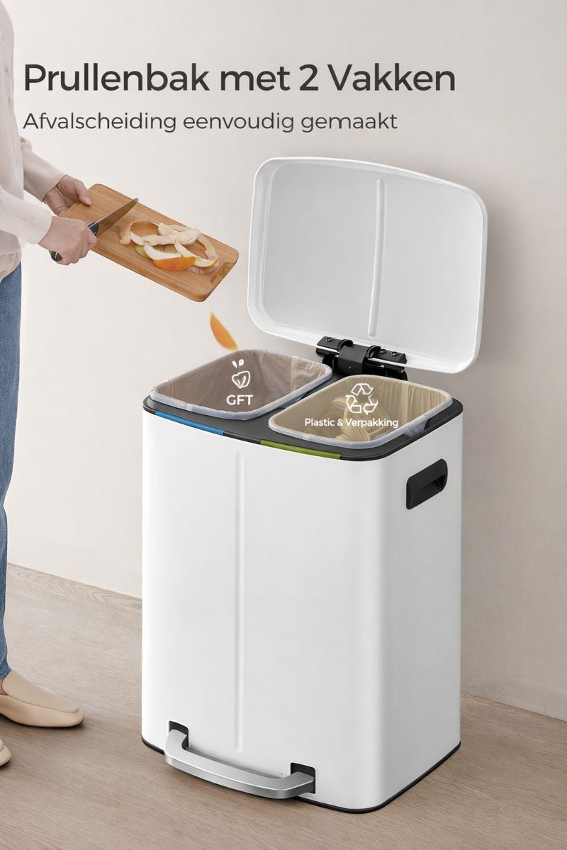 Signature Home Prullenbak 40 Liter (2 x 20L) – Witte 2-Vaks Afvalscheidingsprullenbak met Softclose
