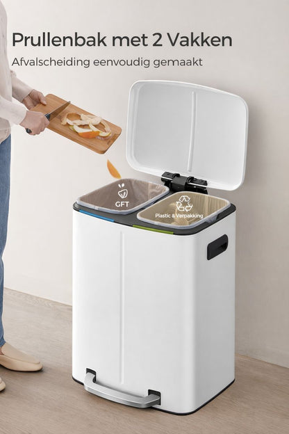Signature Home Prullenbak 40 Liter (2 x 20L) – Witte 2-Vaks Afvalscheidingsprullenbak met Softclose