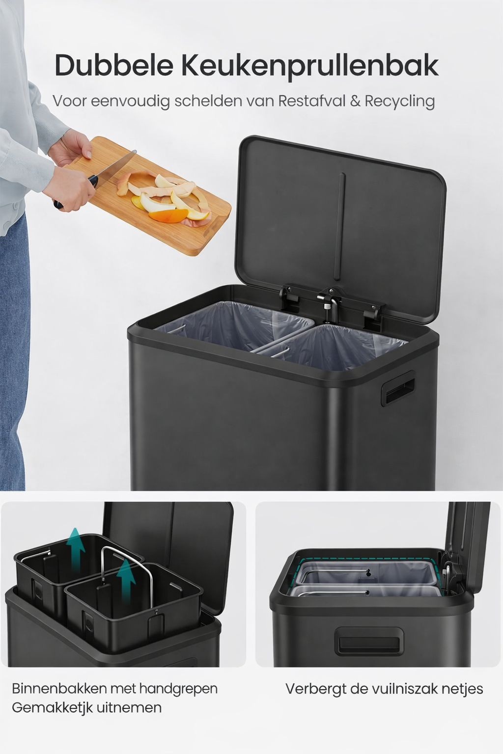 Signature Home Afvalscheidingssysteem 2 x 15L – Dubbele Prullenbak met Deksel en Pedaal, Inktzwart, Voor Recycling & Restafval