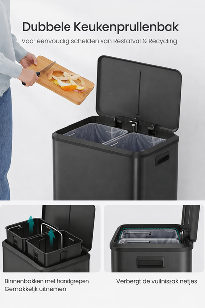 Signature Home Afvalscheidingssysteem 2 x 15L – Dubbele Prullenbak met Deksel en Pedaal, Inktzwart, Voor Recycling & Restafval