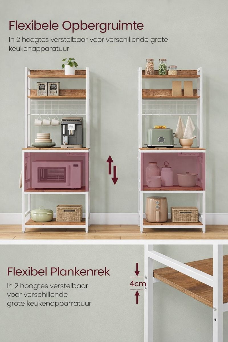 Keuken Opbergrek Vrijstaand met Stopcontact & 14 Haken – Walnootbruin Werkblad, Wit Frame