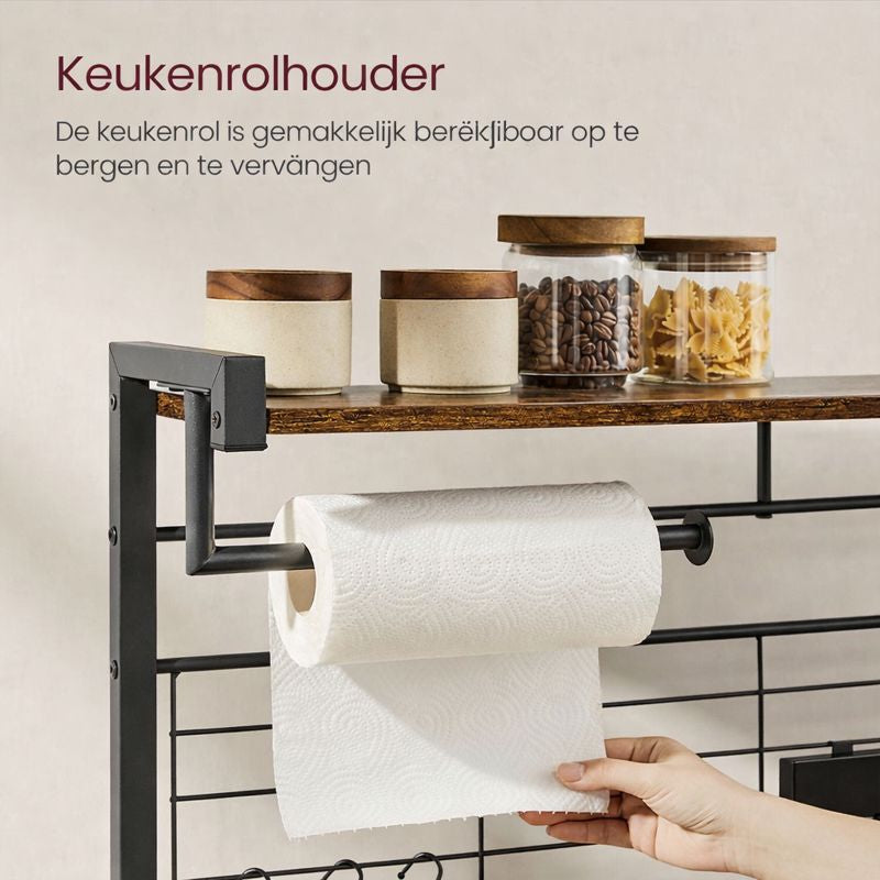 Industrieel Keuken Wandrek met Magnetische Messenhouder en 12 Haken – Vintage Bruin-Zwart