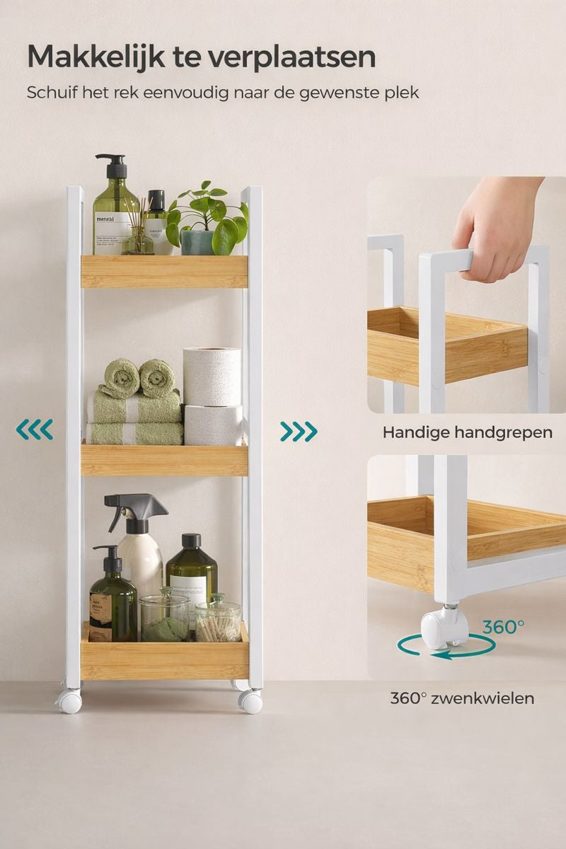 3-Laags Badkamerrek – Smal Ruimtebesparend Opbergrek in Wit/Natuurlijk voor Kleine Badkamers