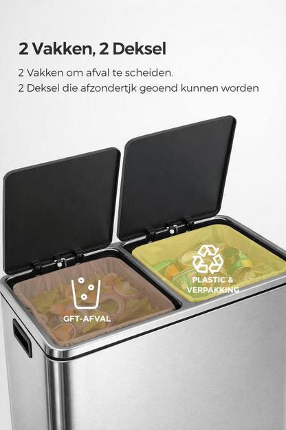 Signature Home Vuilnisbak Afvalscheiding 60 L (2×30 L) – Zwart en zilver-Prullenbak met Pedaal