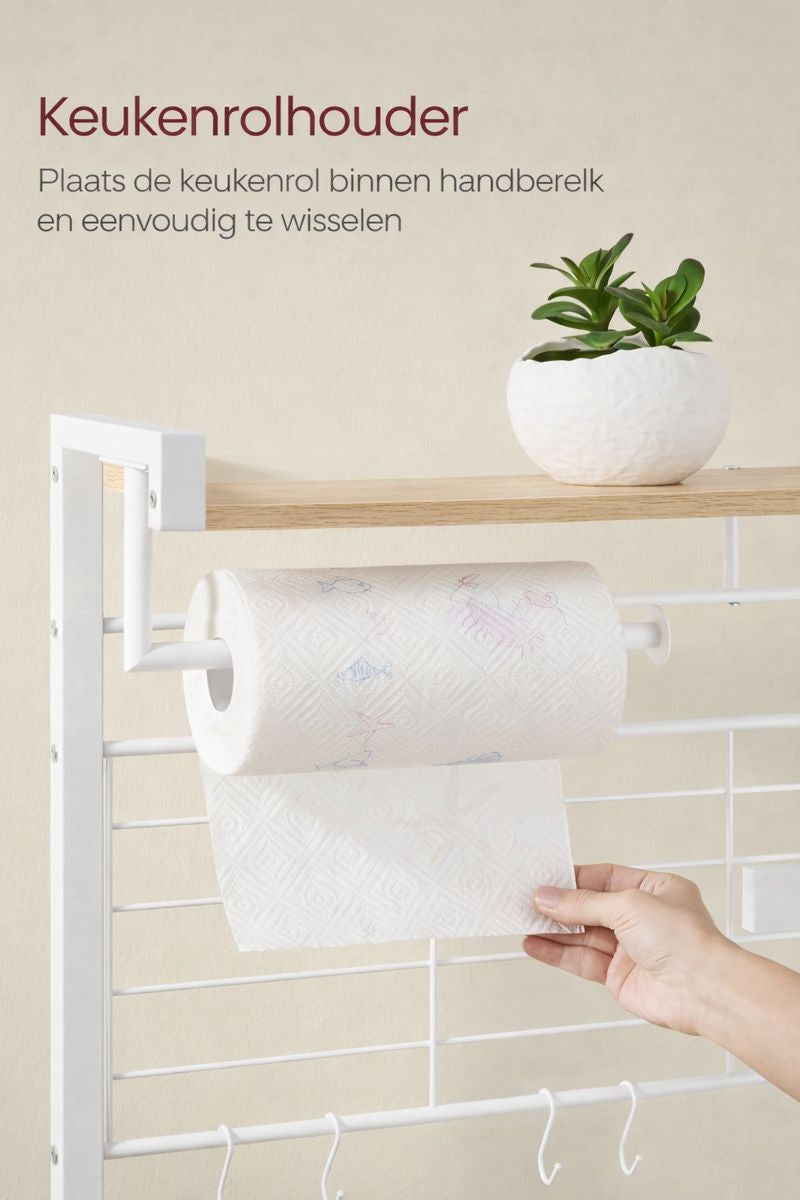 Vrijstaande Keukenkast met Keukenrolhouder & 12 Haken – Praktisch Opbergrek voor de Keuken|Multifunctioneel Keukenrek