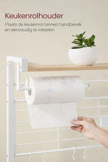 Vrijstaande Keukenkast met Keukenrolhouder & 12 Haken – Praktisch Opbergrek voor de Keuken|Multifunctioneel Keukenrek