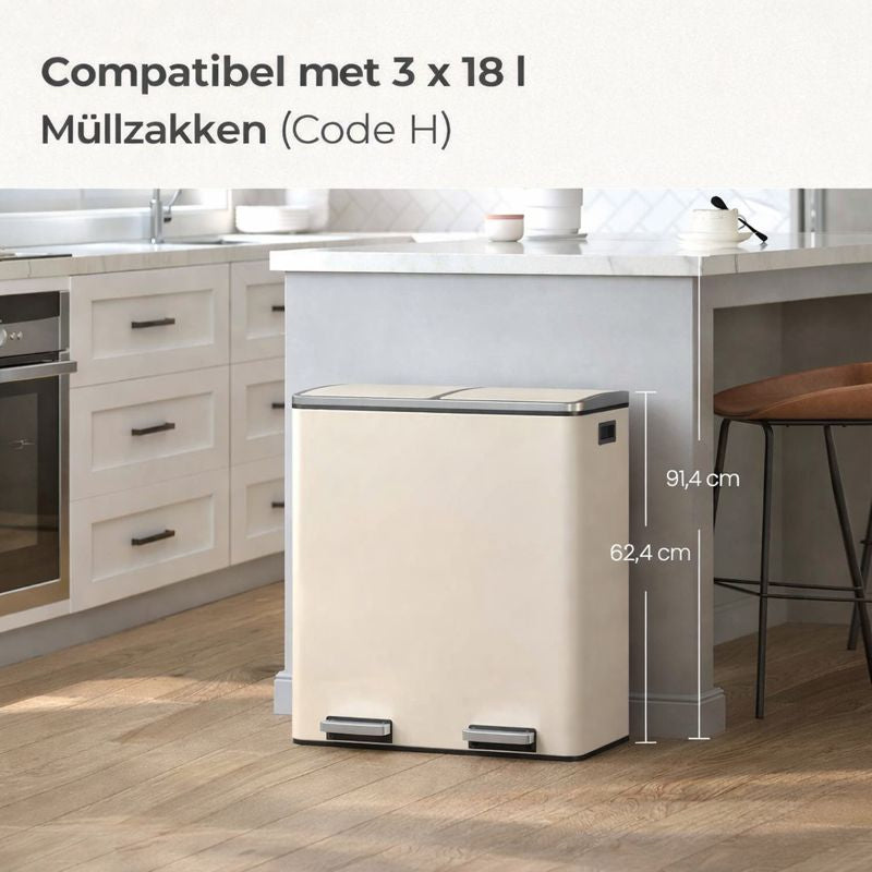 Signature Home Afvalbak 60L met Afvalscheiding – 2 Compartimenten (2 × 30 Liter) – Met Deksel en Binnenemmers