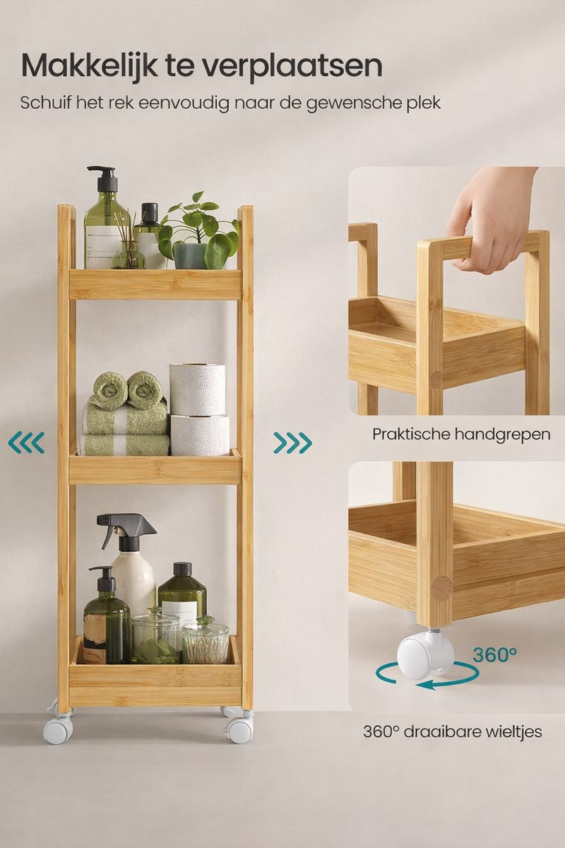 3-Laags Badkamerrek – Smal Ruimtebesparend Opbergrek in Naturel Beige voor Kleine Badkamers