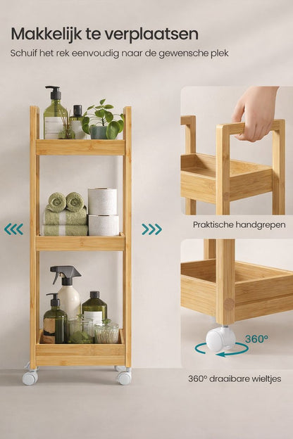 3-Laags Badkamerrek – Smal Ruimtebesparend Opbergrek in Naturel Beige voor Kleine Badkamers