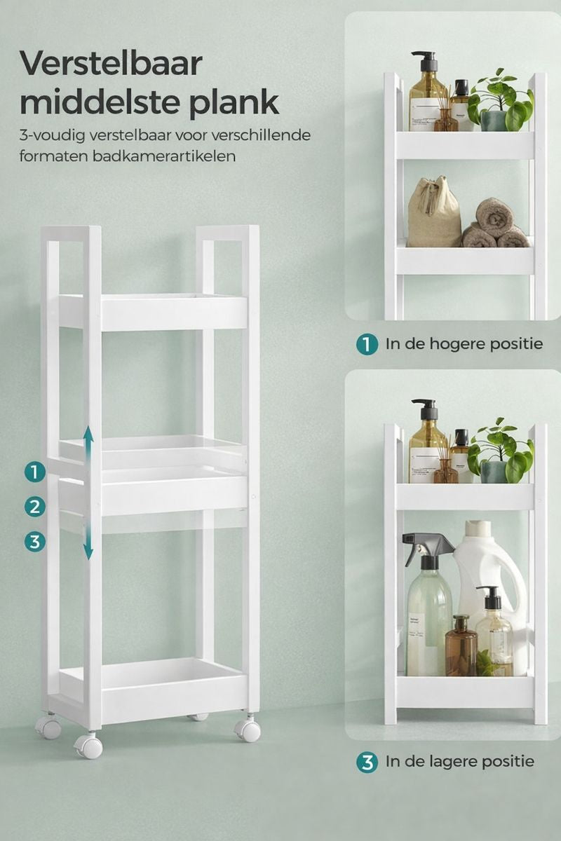 3-Niveaus Badkamerrek Wit – Smal en Ruimtebesparend Opbergsysteem|Smal Opbergrek voor Kleine Badkamers