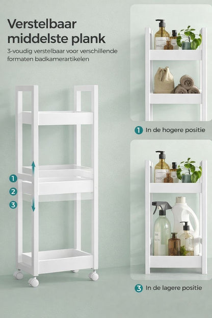 3-Niveaus Badkamerrek Wit – Smal en Ruimtebesparend Opbergsysteem|Smal Opbergrek voor Kleine Badkamers