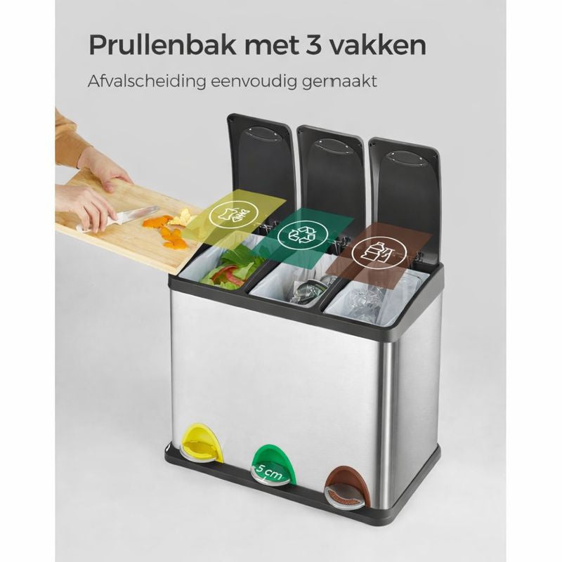 Signature Home Afvalscheider 24L met 3 Compartimenten – 3 × 8 Liter Afvalbak voor Afvalscheiding – Keuken Prullenbak
