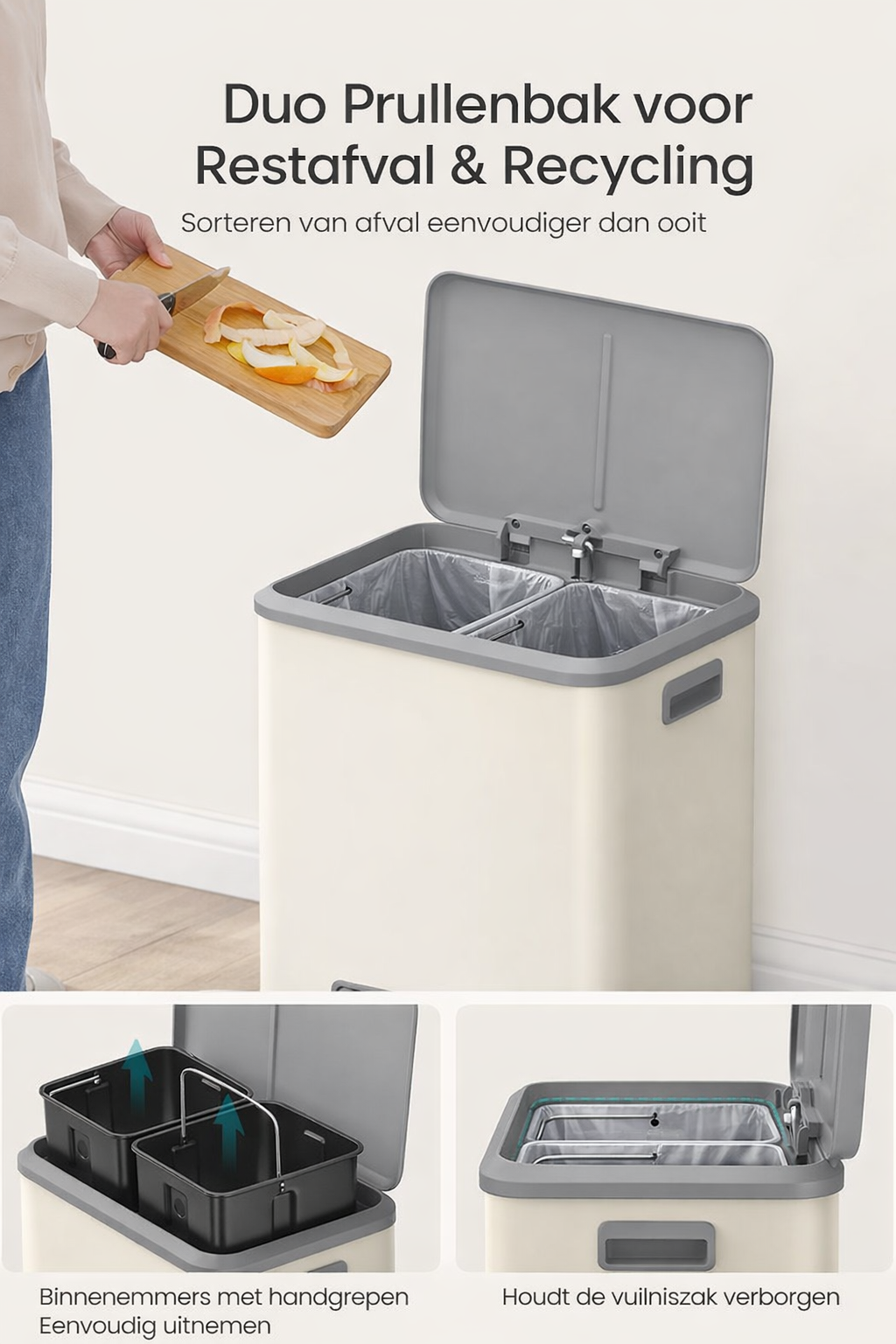 Signature Home Afvalscheidingsprullenbak met 2 Compartimenten – Recycling & Restafval, Zandbeige