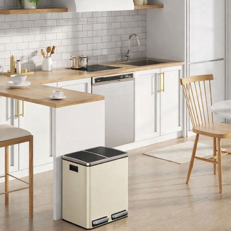 Signature Home Afvalscheidingssysteem met 2 Compartimenten – 2 × 15 L Afvalbak met Deksel, Zandbeige & Inktzwart