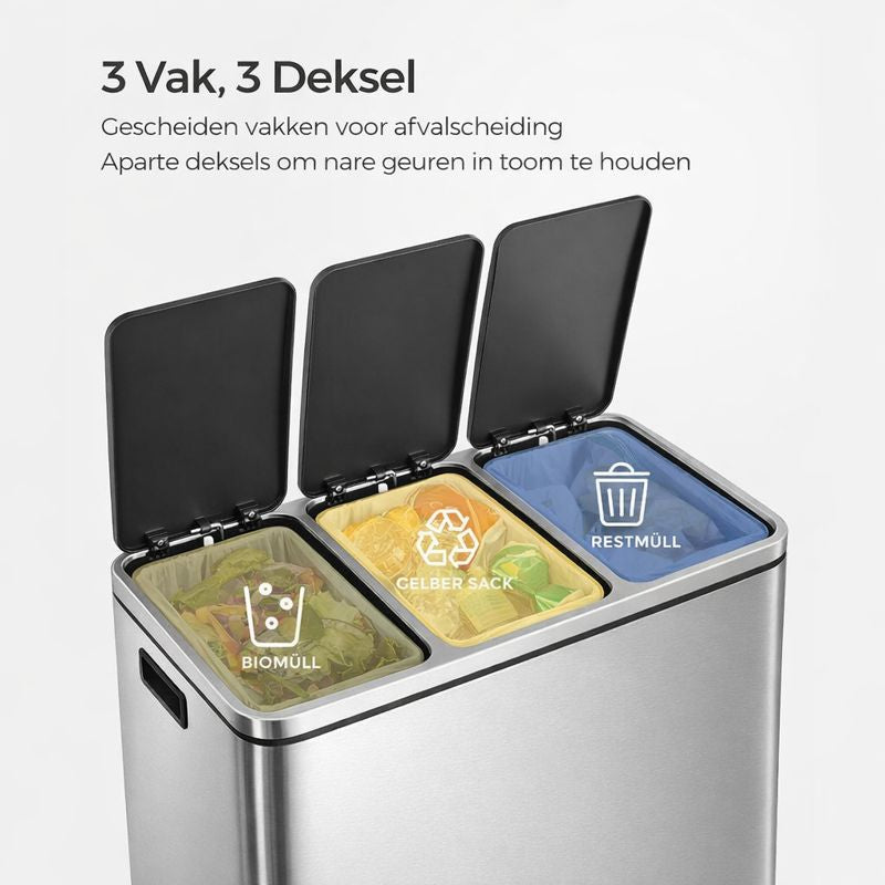 Signature Home Pedaalemmer 54 Liter (3 x 18 L) – Afvalscheidingsbak met 3 Compartimenten, Softclose Deksel en Binnenemmers