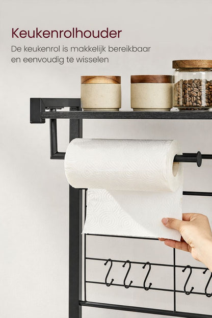 Keuken Wandplank met Magnetische Messenstrip & 12 Haken – Ebbenhout-Zwart Industrieel|Multifunctionele Keukenplank