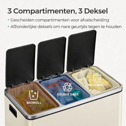 Signature Home Afvalscheidingssysteem 54 Liter (3 × 18 L) met 3 Deksel – Afvalemmer voor Recycling – Zandbeige