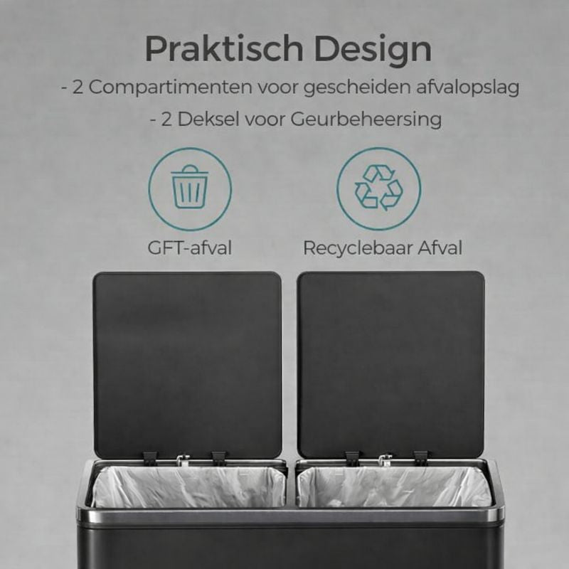 Signature Home Afvalbak 2 x 30 Liter – Dubbele Prullenbak met 2 Compartimenten voor Afvalscheiding