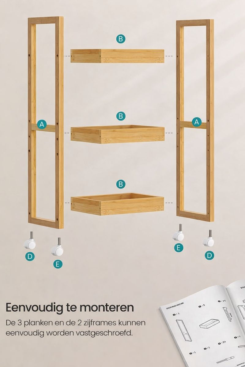 3-Laags Badkamerrek – Smal Ruimtebesparend Opbergrek in Naturel Beige voor Kleine Badkamers