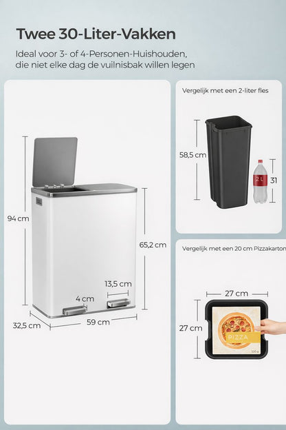 Signature Home Pedaalemmer voor Afvalscheiding met 2 Vakken – Dubbele Vuilnisbak met Deksel, Soft-Close, Geschikt voor Keuken