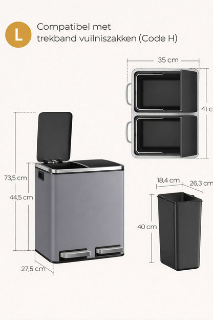 Signature Home Keuken Prullenbak 2 × 15 Liter – Afvalscheidingsbak met 2 Compartimenten en Deksel